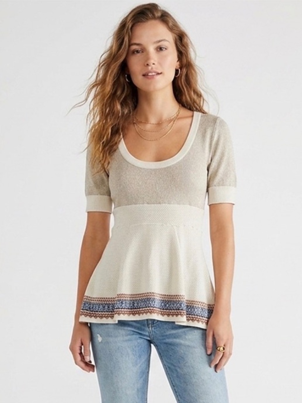 Free People Cream Fair Isle Fit & Flare Short Sleeve Knit Top Size XS